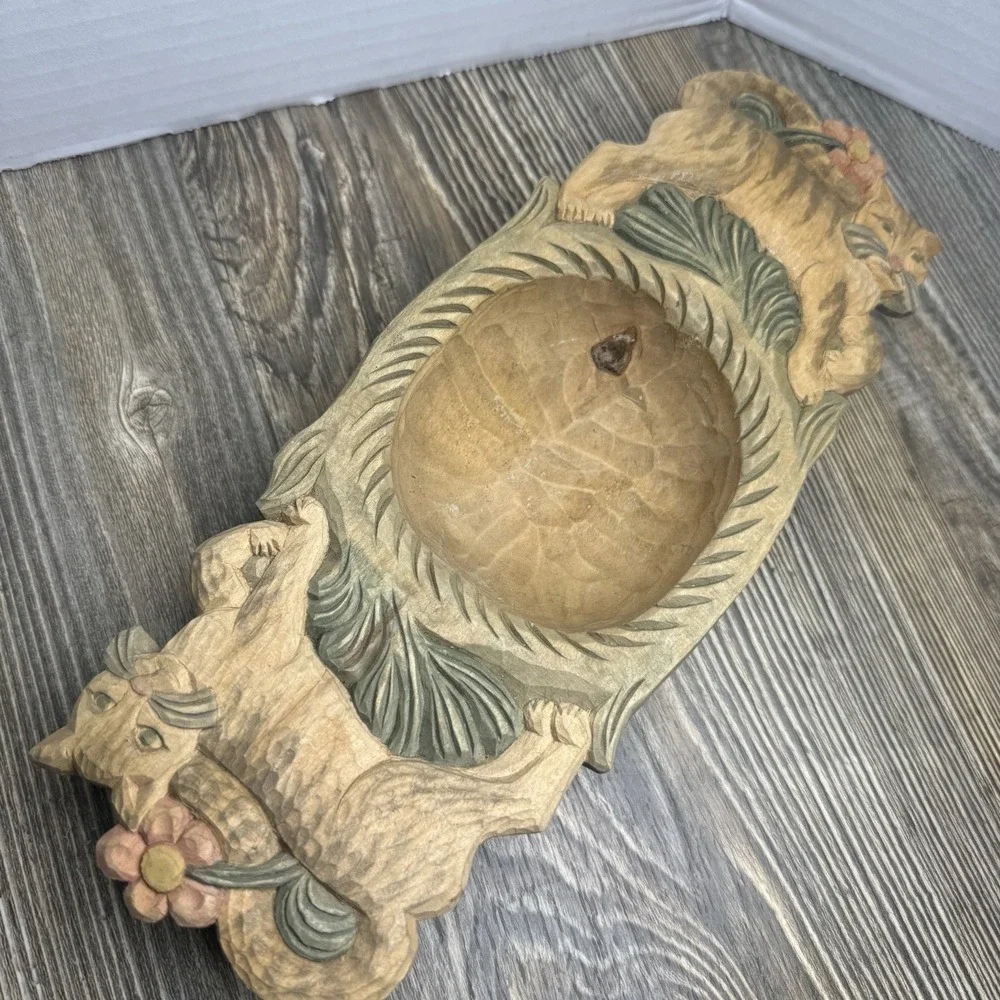 VTG Carved Wooden‎ Cat Trinket Bowl Or Ashtray Signed